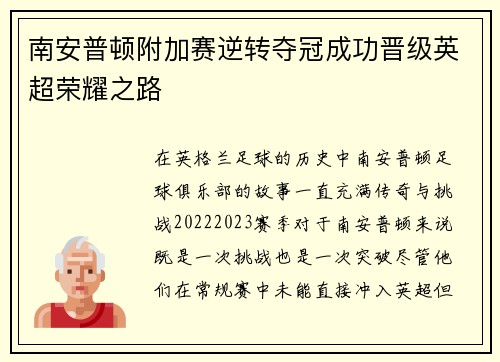 南安普顿附加赛逆转夺冠成功晋级英超荣耀之路