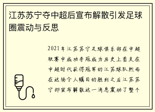 江苏苏宁夺中超后宣布解散引发足球圈震动与反思 江苏苏宁夺中超后宣布解散引发足球圈震动与反思